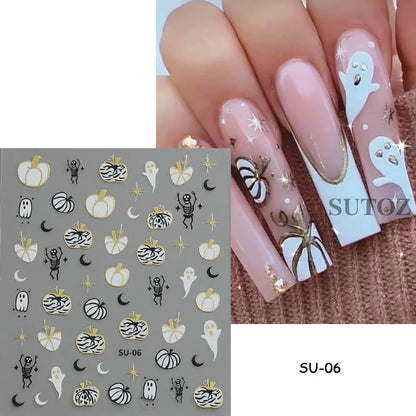 sengpan 5D Embossed Ghost Nail Art Stickers Halloween Cartoon Pumpkin Skull Nail Decals Spider Web Daisy Sliders For Manicure NTJI-5D131