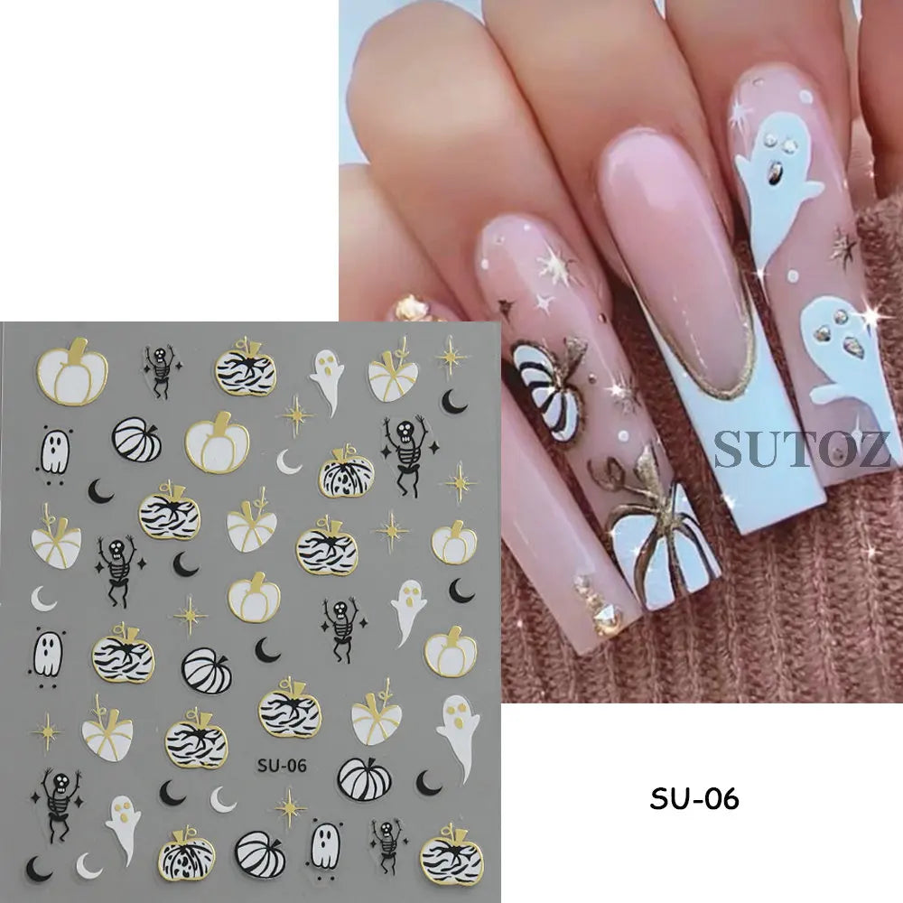 sengpan 5D Embossed Ghost Nail Art Stickers Halloween Cartoon Pumpkin Skull Nail Decals Spider Web Daisy Sliders For Manicure NTJI-5D131