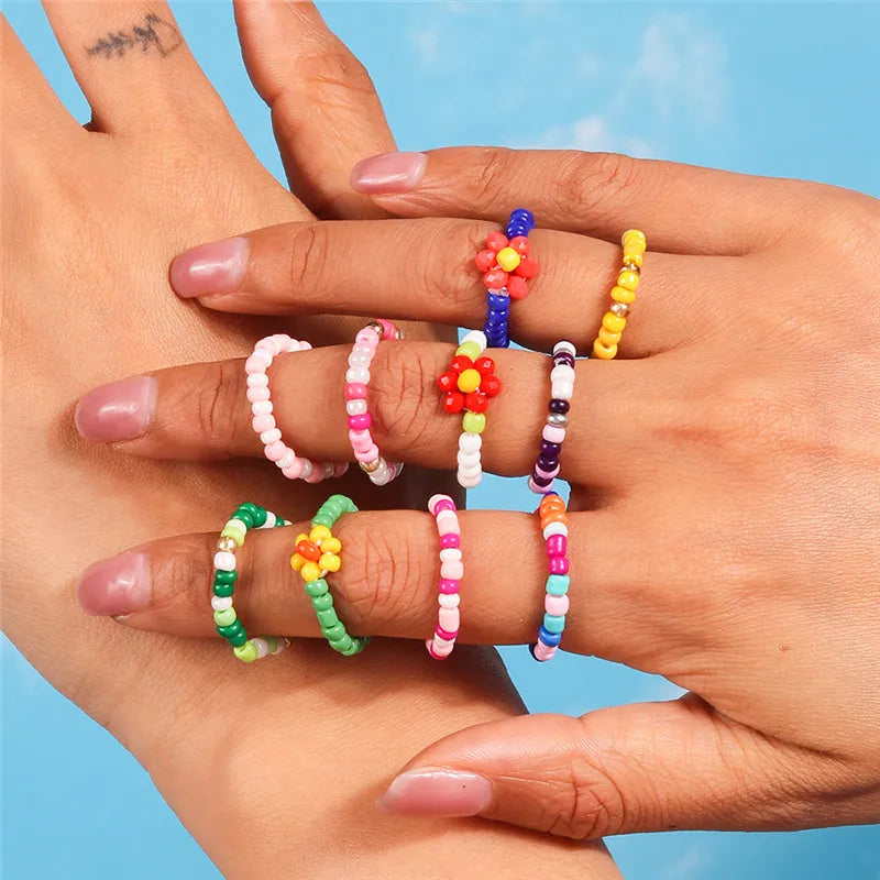 sengpan Korean Colorful Small Flower Ring Sets Bohemia Handmade Multi Beaded Rice Beads Finger Ring For Women Beach Jewelry Gifts