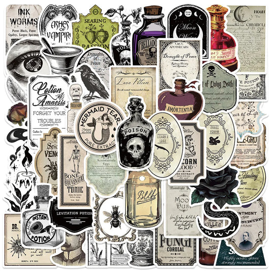 sengpan 10/50/100pcs Halloween Vintage Potion  Bottle Labels Stickers Retro Horror Gothic Decals Suitcase Scrapbooking Laptop Sticker