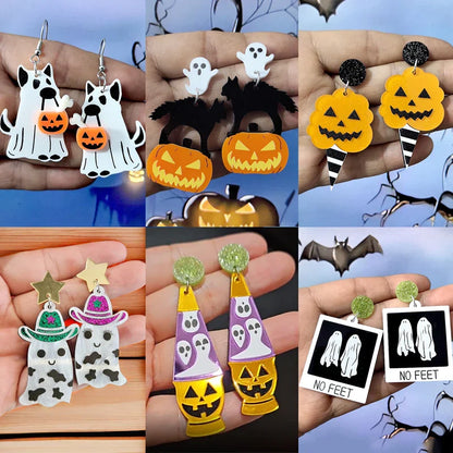 Lianfudai 2024 New Ghost Lamp Halloween Earrings Women Hallowmas Pumpkin Ice Cream Cone Black Cat No Feet Specter Acrylic Drop Earring