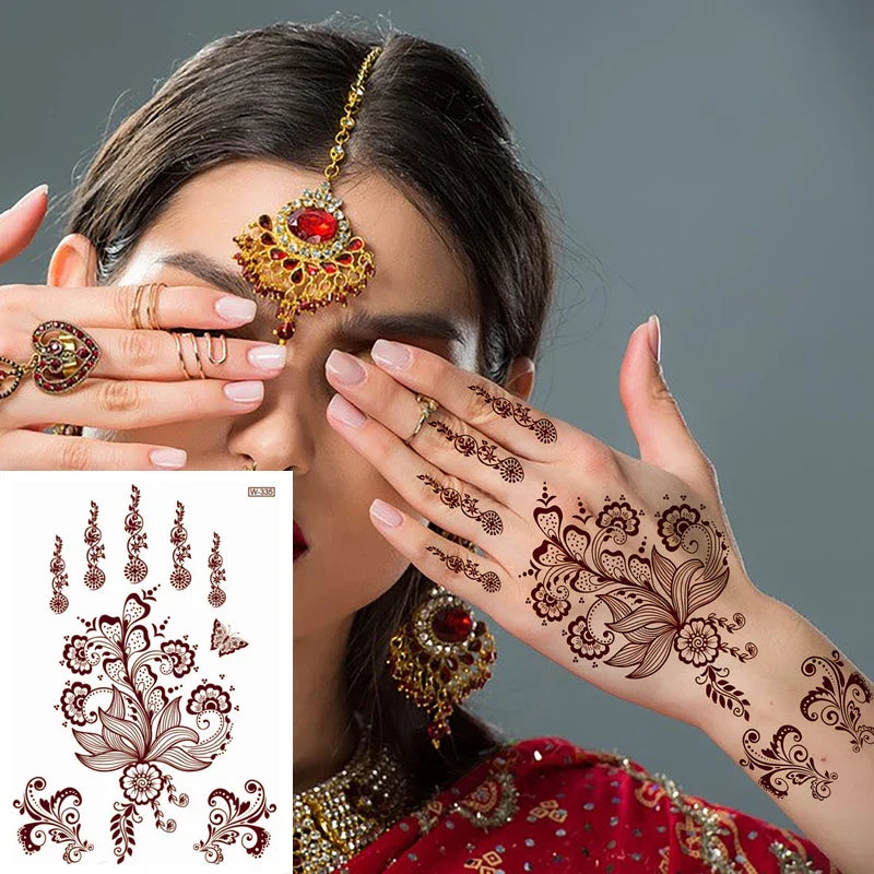 sengpan Brown Henna Temporary Tattoos for Women Henna Design Stickers for Hand Neck Body Art for Wedding Flora Hena Tattoo Waterproof