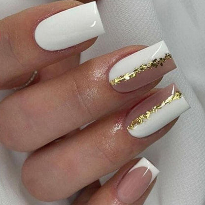 Lianfudai current nail trends 2023   24Pcs White French Fake Nails Full Cover Nail Tips Mid-length Square False Nails with Rhinestone Design Wearable Press on Nails