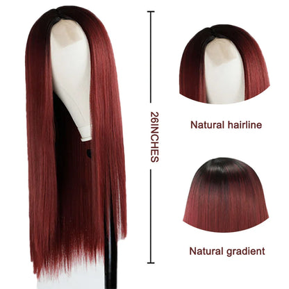 sengpan Wig Long Straight Hair Wig Wine Red Ladies Natural Hand Middle Heat-resistant Fiber Daily Wig