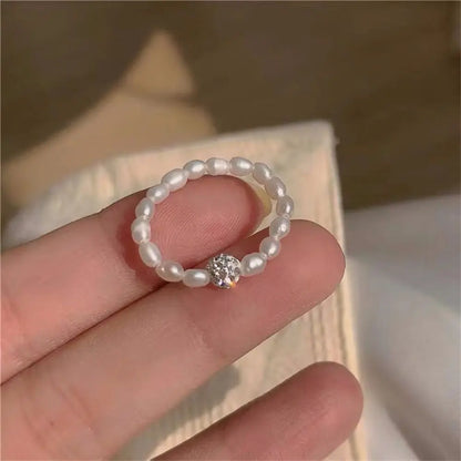 sengpan Korean Retro Natural Pearl Shell Beaded Ring For Women Fashion Party Finger Ring Jewelry Women Gift