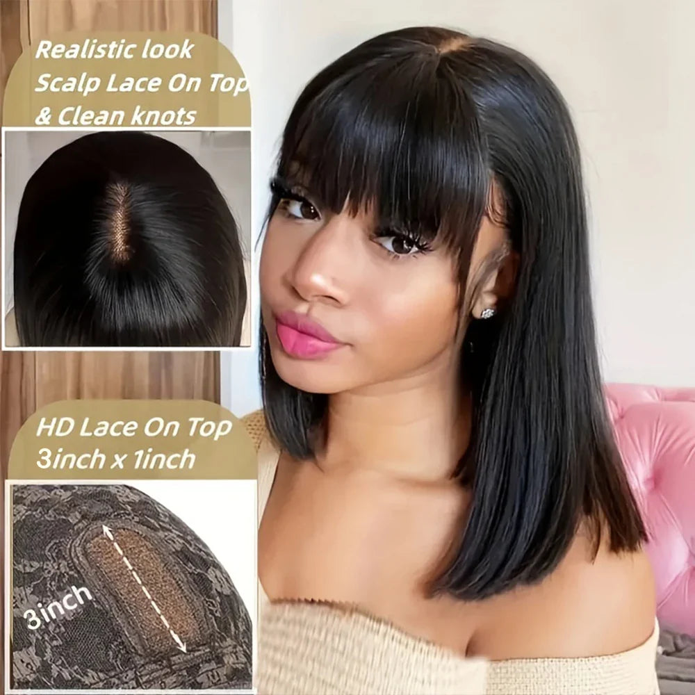 sengpan 30Inch Straight 3x1 Middle Part Lace Human Hair Wig With Bangs For Women Brazilian Wigs On Sale Cheap Fringe Bob Wig 180 Density