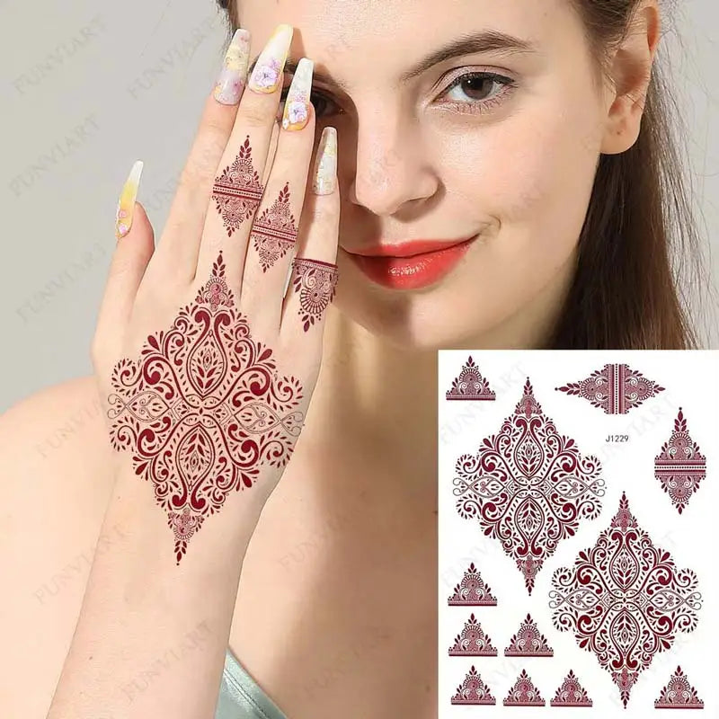 sengpan Brown Henna Tattoos Women Waterproof Temporary Henna Sticker for Hand Fake Tattoo Body Art Lace Mehndi Hena Tatoo