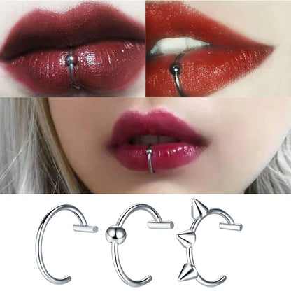 sengpan 3pcs T Shaped Stainless Steel Gothic Clip on Non Piercing Double Fake Cuff Lip Nose Ring Septum Hoop Women Girls Men