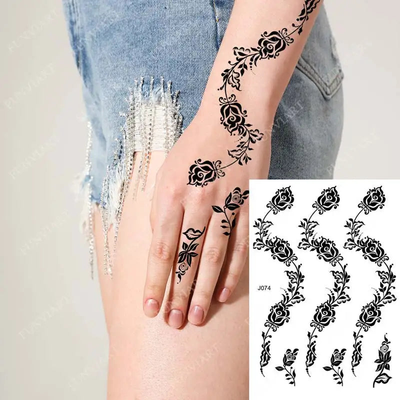 sengpan Black Henna Tattoo Sticker Waterproof Temporary Tattoos for Women Body Art Mehndi Stickers for Hand Flower Fake Tattoo