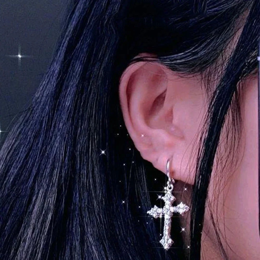 sengpan Rhinestone Cross Charm Drop Earrings for Women Fashion Gothic Earring Crystal Dangle Earrings Cute Party Gift