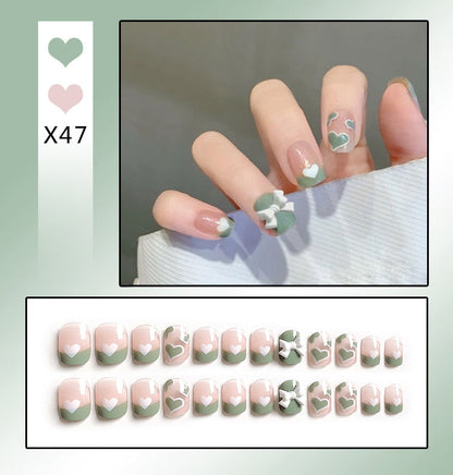 sengpan 24PCS/Box Bowknot Rabbit Pattern Pearl Short Square Designer Fashion Design French Style Full Covering Pressed Fake Nails