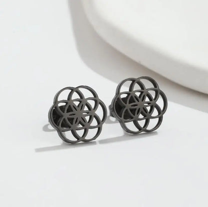 sengpan Tiny Circle Earrings Stainless Steel Flower Seed of Life Stud Earrings for Women Geometry Round Hollow Wedding Jewelry