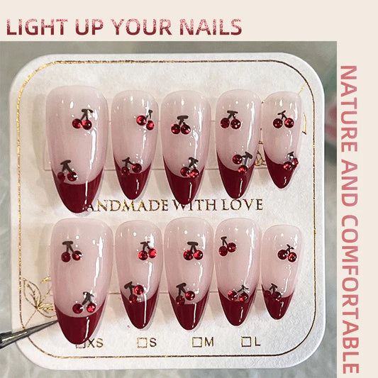 sengpan Cherry French Almond Style Press on Nails Wearing Armor Red Minimalist Nail Art Stick-On Nails Fake Nails W/ Tool