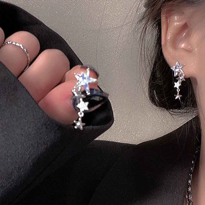 sengpan Shiny Zircon Star Tassel Earrings Women Korean Cute Elegant Pentagram Drop Earring Y2K Jewelry Wedding