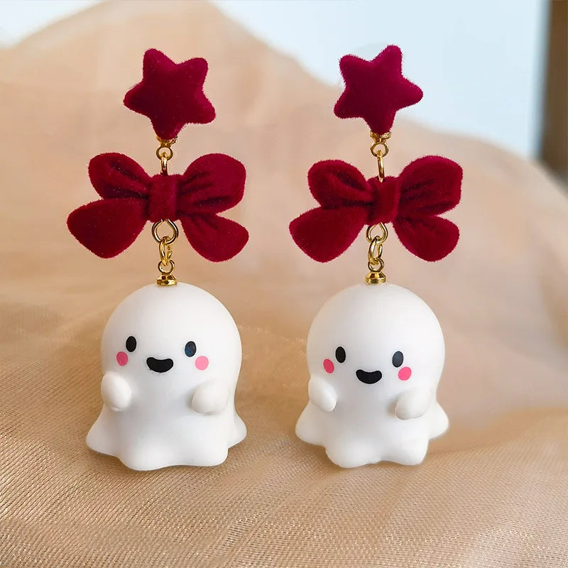 sengpan Fancy Resin Halloween Ghost Drop Earrings For Women Red Bowknot Flannel Ghost Dangle Earring Christmas Festival Party Jewelry