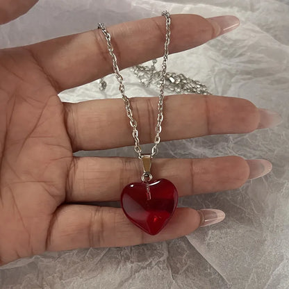 sengpan Simple Red Glass Cross Cherry Strawberry Heart Pendant Necklace for Women Stainless Steel Jewelry Accessories