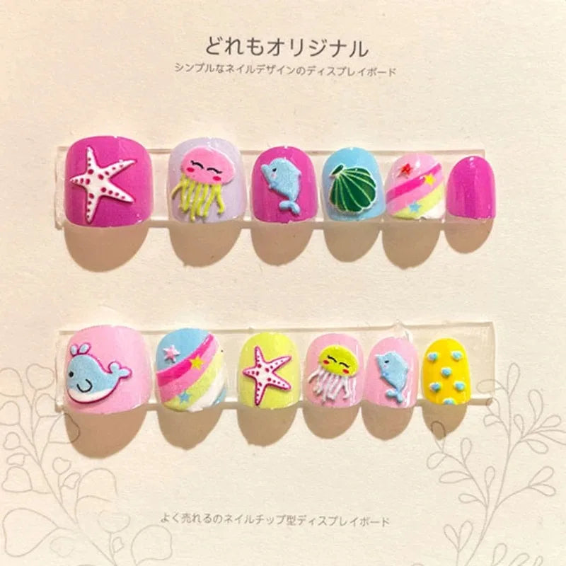 sengpan Cartoon Nails Set Press on Pink Rabbit False Nails for Children Puppy Acrylic Cute Anime Nails Short Stick-on Nail Tips