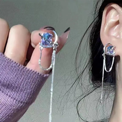 sengpan New Korea Fashion Goth Crystal Star Moon Tassel Earrings For Girl Aesthetic Grunge Jewelry Y2K Accessories