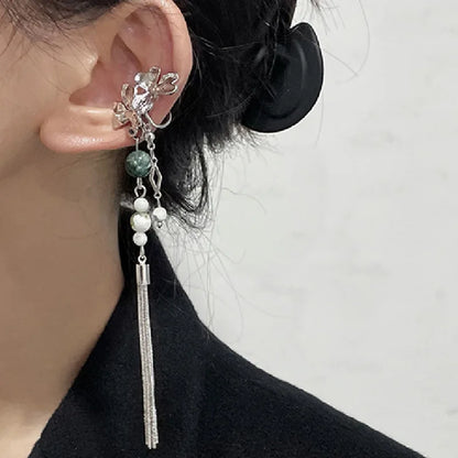 sengpan Vintage Chinese Style Artificial Jade Tassel Flower Ear Clip No Piercing Earring Trendy Punk Metal Ear Cuff Clip Earring