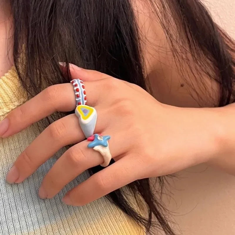 sengpan Y2K Colorful Enamel Heart Sweet Rings Trendy Geometric Dripping Oil for Women Girls Funny Y2K Chunky Jewelry Summer NEW