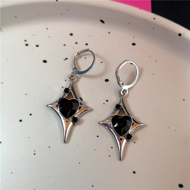 sengpan Punk Vintage Aesthetic Black Irregular Cross Star Heart Pendant Earrings Women Men Charms Jewelry Y2K 90s Harajuku Accessories