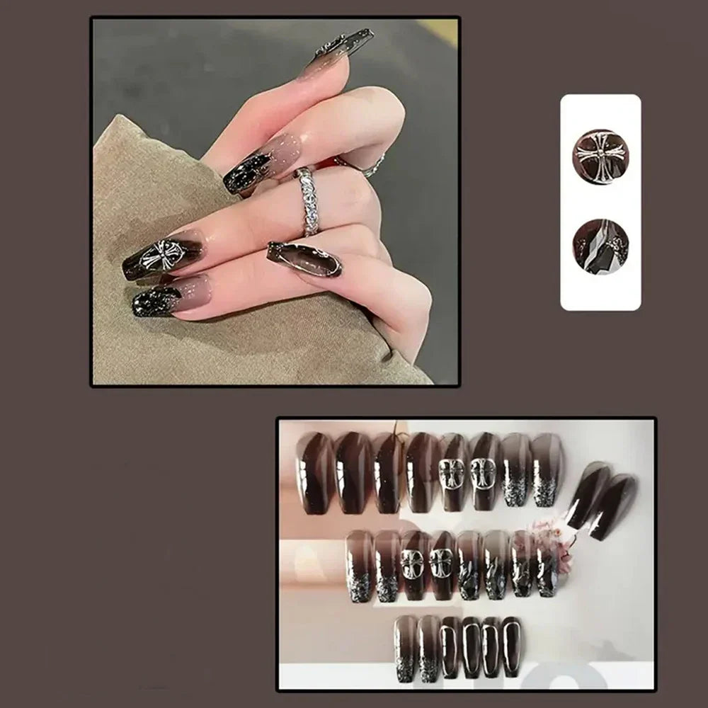 sengpan Black Square Press On Nails with 3D Cross Designs - Full Cover Acrylic False Nails for Women and Girls Detachable Long Fake nail