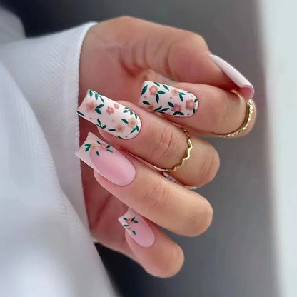 Lianfudai 24Pcs Almond Fake Nails Gradient Pink Flower Designs Full Cover False Nails for Women Spring Summer Press on Nails Tips 2024