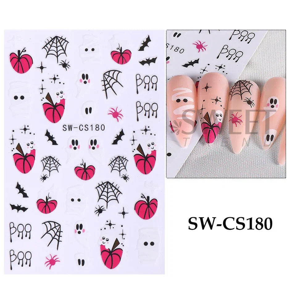 sengpan Pink Pumpkin Halloween Nail Stickers Ghost Star Mummy Love Heart Spider Web Scorpion Blood Drops DIY Winter Manicure Decoration