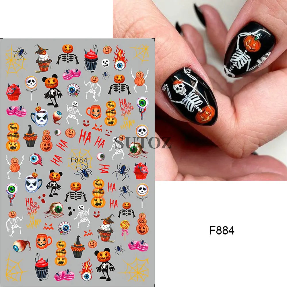 sengpan 5D Embossed Halloween Nail Stickers Skull Chams Spooky Flower Ghost Nail Decals Spider Web Skeleton Sliders for Manicure NTJI-5D