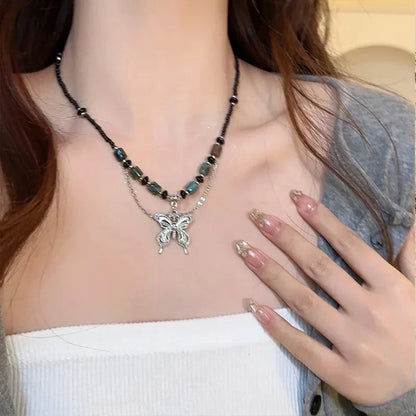 Lianfudai New Chinese style beaded butterfly necklace with a new high-end design niche sweater chain, women's summer collarbone chain