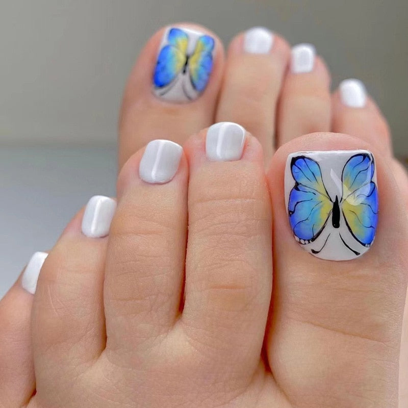 sengpan 24P Fake Toenails With Glue French Line Glitter False Toe Nails Art Detachable Press On Toenails Acrylic Butterfly ToeNails Tips