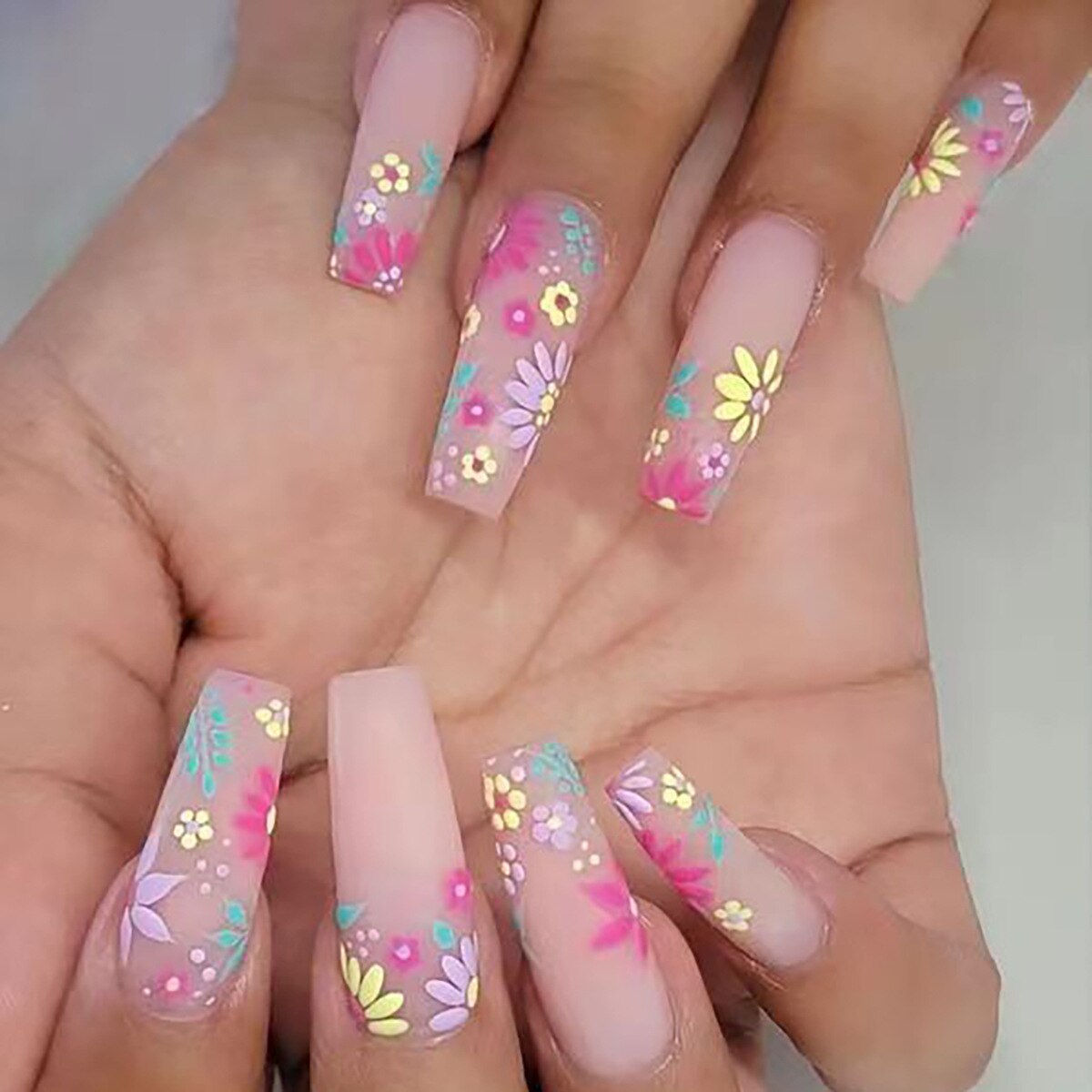 Lianfudai current nail trends 2023  24Pcs Long Ballet False Nails with Colorful Flower Designs Wearable French Fake Nails Coffin Full Cover Nails Set Press On