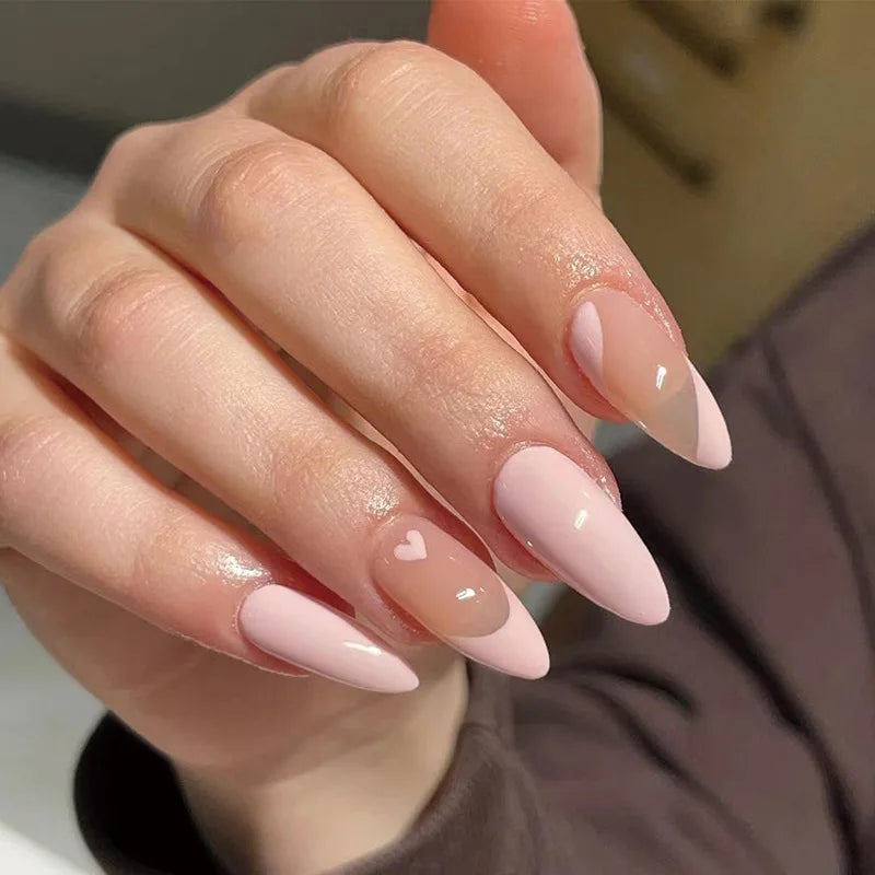 sengpan Simple Stiletto French Fake Nails for Valentine's Day Almond Sweet False Nails with Glue Full Cover Artificial Nails Press On