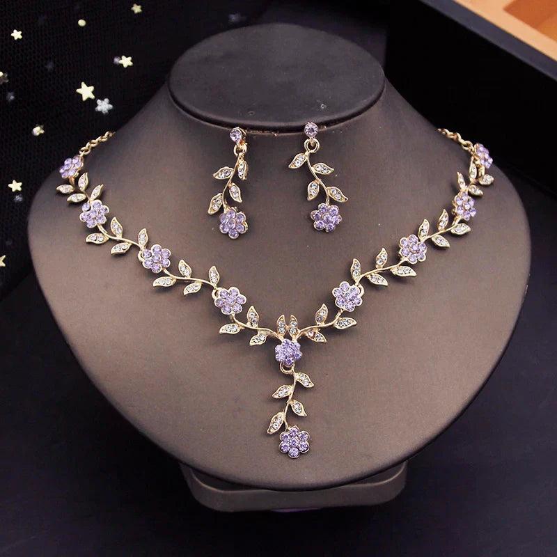 sengpan Rhinestone Bride Jewelry Sets for Women Luxury Flower Choker Necklace Earrings Wedding Dress Bridal Necklace Sets Fashion