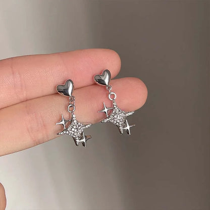 Lianfudai 2024 Fashion Silver Color Cross Star Zircon Stud Earrings for Women Girl Korean Four-Pointed Star Personality Earrings Jewellery