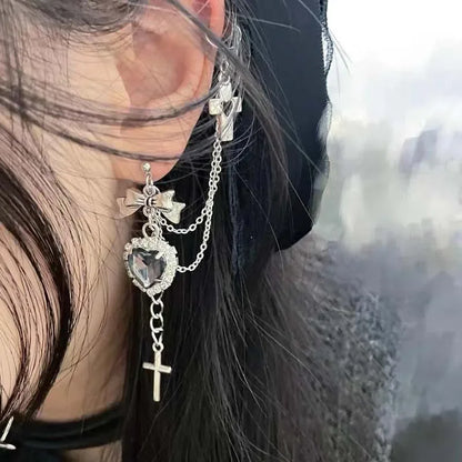 sengpan Punk Gothic Black Crystal Heart Cross Chain Ear Cuff for Men Women Hip Hop Metal Cross Ear Clip On Earrings Egirl Jewelry Gift