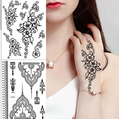 sengpan Black Henna Temporary Tattoo Stickers Women Sexy Lace Hand Jewelry Flower Fake Tatoo Waterproof Body Art Tattoo Wedding