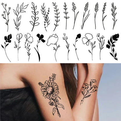 sengpan Waterproof Temporary Tattoo Stickers Black Flower Plant Small Size Tatto Flash Tatoo Fake Tattoos for Men Women Body Art