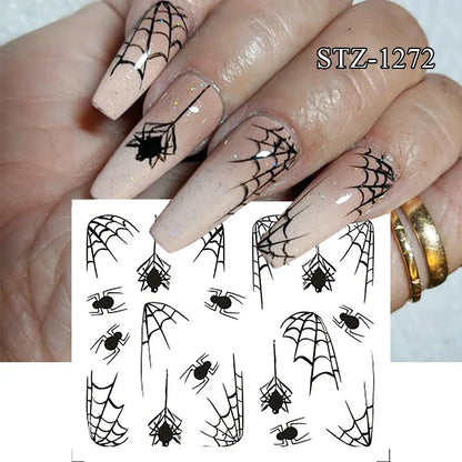 sengpan Halloween Nail Art Stickers Evil Pumpkin 3D Nail Decals Cartoon Skull Water Transfer Sticker DIY Festival Nail Decorations