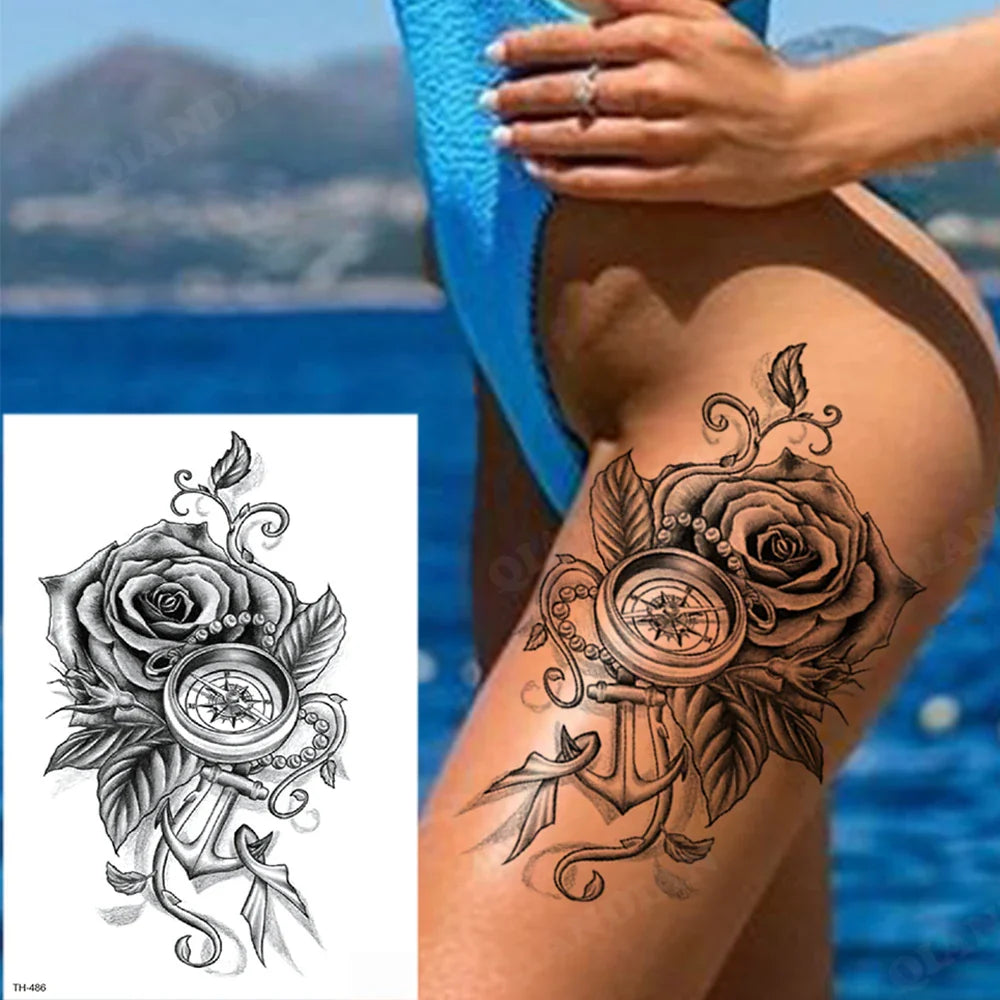 sengpan Black Flower Rose Waterproof Temporary Bird Snake Sexy Body Arm Leg Gem Henna Tattoo Fashion Big Fake Sleeve Sticker