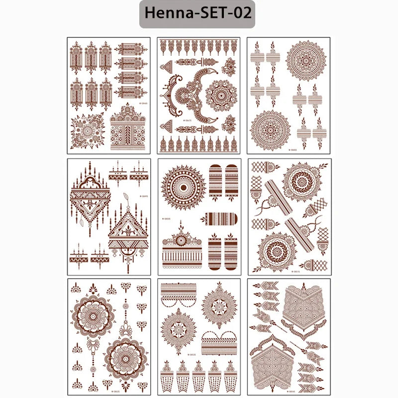 sengpan 9Pcs Brown Henna Temporary Tattoos for Women Henna Tattoo Sticker for Hand Body Art Moroccan Mehndi Design Tattoo Fake Hena