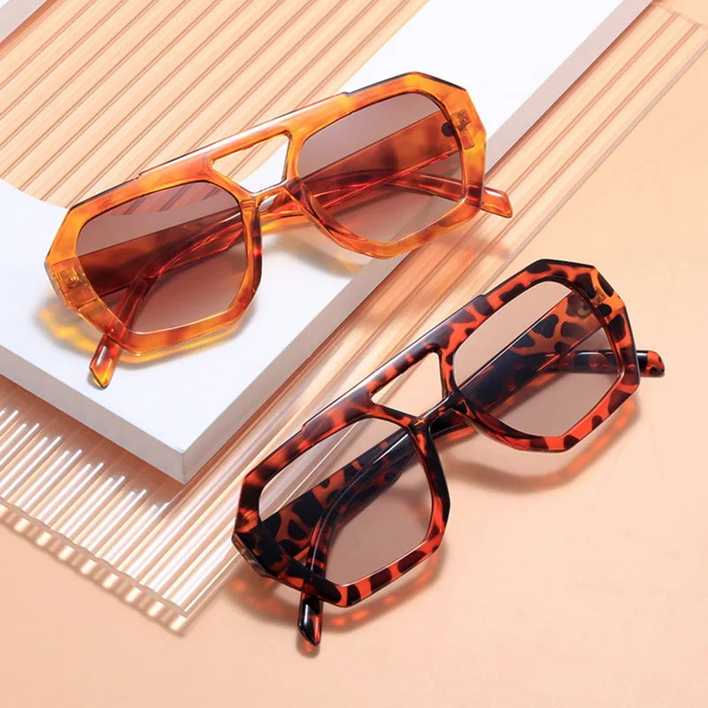 sengpan Retro Double Bridges Sunglasses UV400 Big Frame Leopard Brown Gradient Eyewear Women Fashion Luxury Designer Sun Shade Glasses