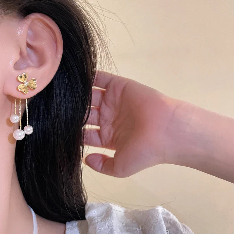 sengpan New Trendy Golden Flower Pearl Long Tassel Earrings For Women Exquisite Alloy Needle Sweet Elegant Party Wedding Jewelry Gifts