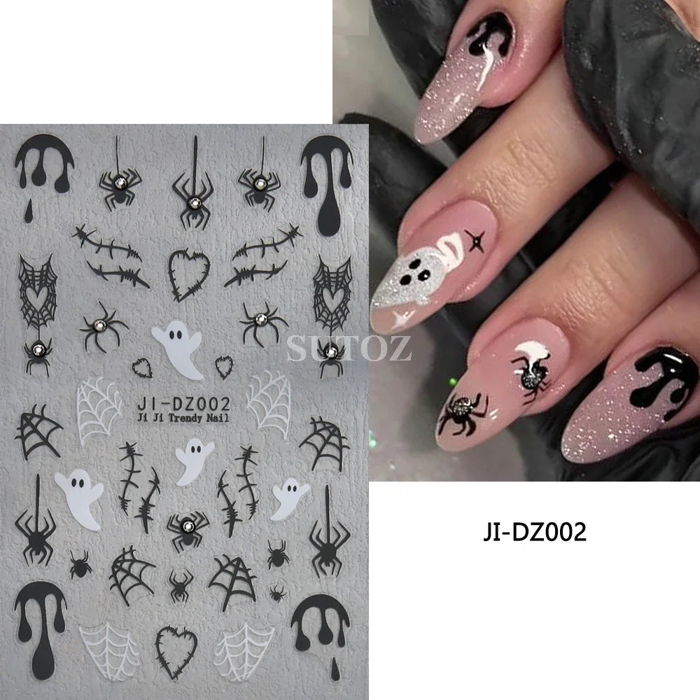 sengpan 5D Ghost Halloween Nail Art Stickers Cartoon Pumpkins Skulls Flowers Nail Decals Y2K Halloween Self-Adhesive Manicure Deco JI-5D