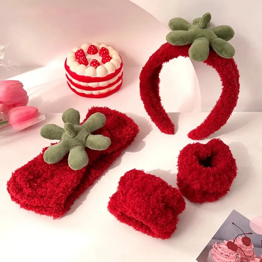 sengpan Red Fleece Hairbands Cute Strawberry Leaves Hair Hoops Wrist Strap Girls Lovely Headbands Christmas Ornament Hair Accessories