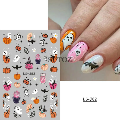 sengpan Pink Pumpkin Nail Art Stickers Halloween Decoration Bat Ghost Design Black Cat Skull Nail Sliders Charms Manicure Decal NLLS-J82