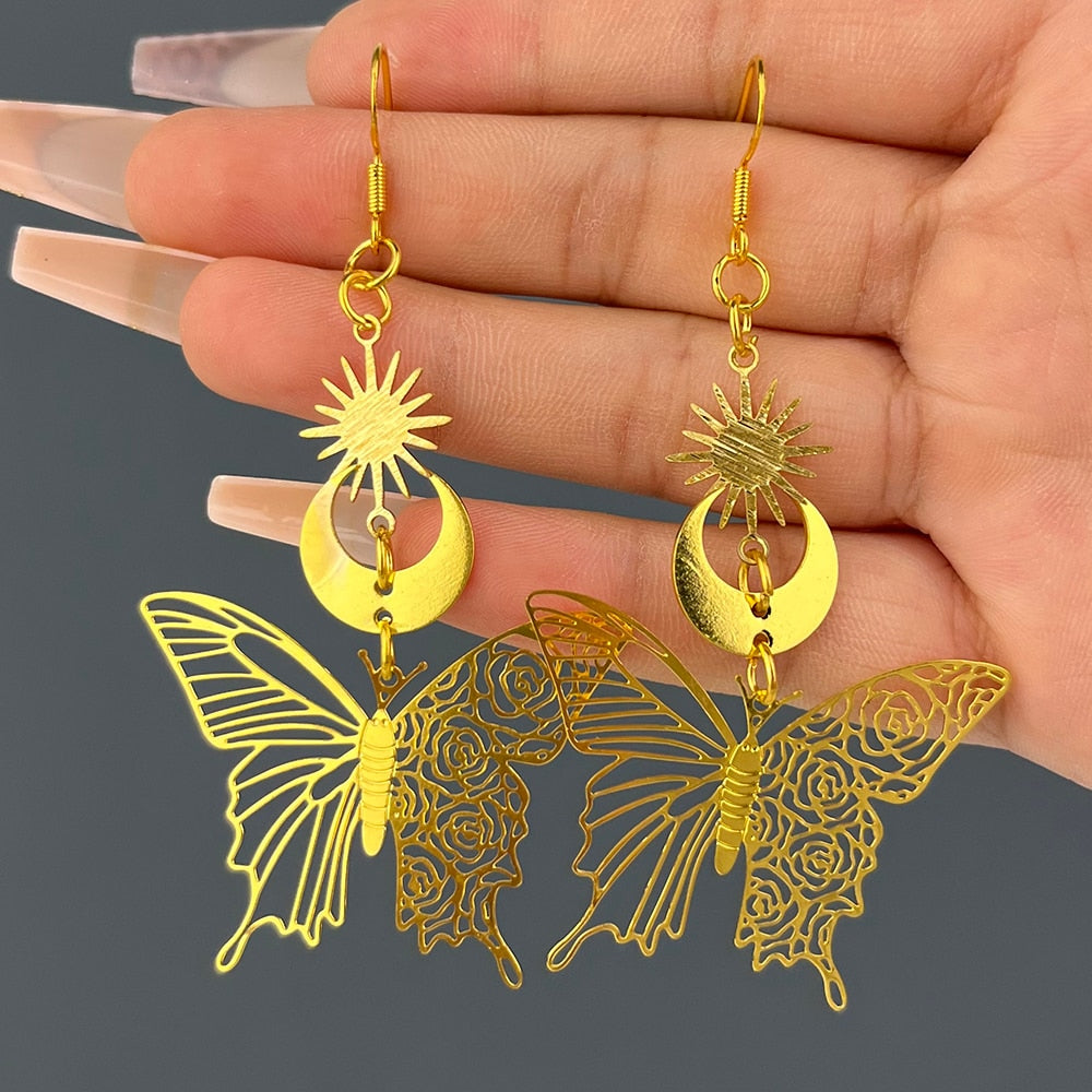 sengpan Amethyst Butterfly Drop Earrings For Women Fashion Simple Sun Moon Lady Birthday Logistics Pendant Earrings Jewelry Direct Sales