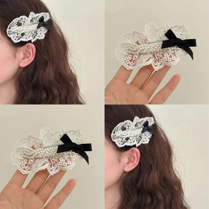 sengpan Retro Pearl Pleated Lace Bow Hair Clip Headdress for Women Girls 2024 Fashion Luxury Korean Delicate Hairpin Hair Accessories