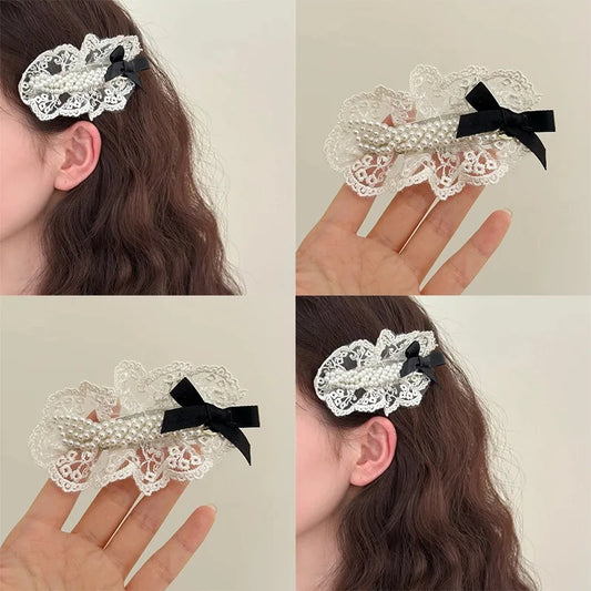 sengpan Retro Pearl Pleated Lace Bow Hair Clip Headdress for Women Girls 2024 Fashion Luxury Korean Delicate Hairpin Hair Accessories