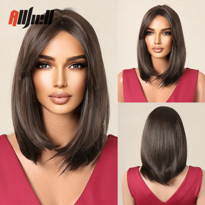 sengpan Short Brown Ombre Blonde Cosplay Wig Synthetic Straight Wigs for Black Women Heat Resistant Halloween Party Daily Natural Hair